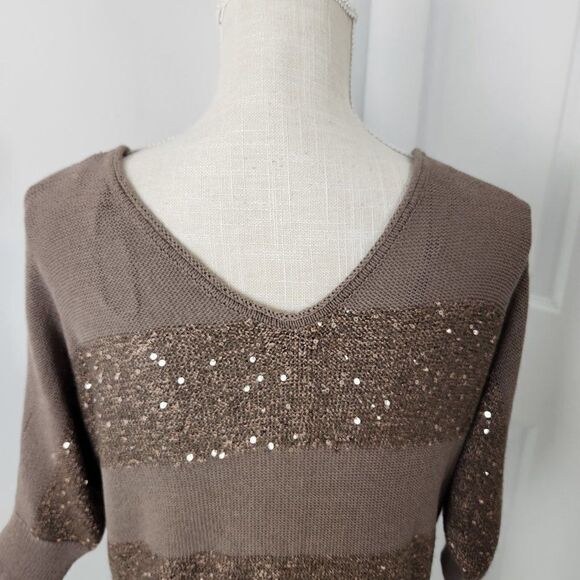 Express Sweater Womens Small Brown Striped Sequins Lightweight Pullover V Neck - Picture 6 of 13